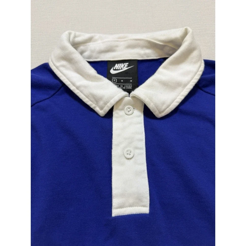 Nike Swoosh Rugby Shirt Mens M Blue White Striped Long Sleeve Polo CV0169-455